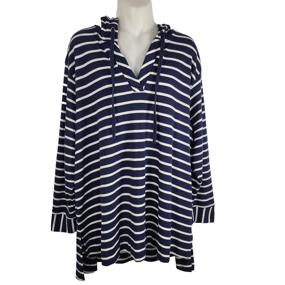 Jane Delancey Womens Waffle Knit Hooded Top 2X Blue White Striped Drawstring V